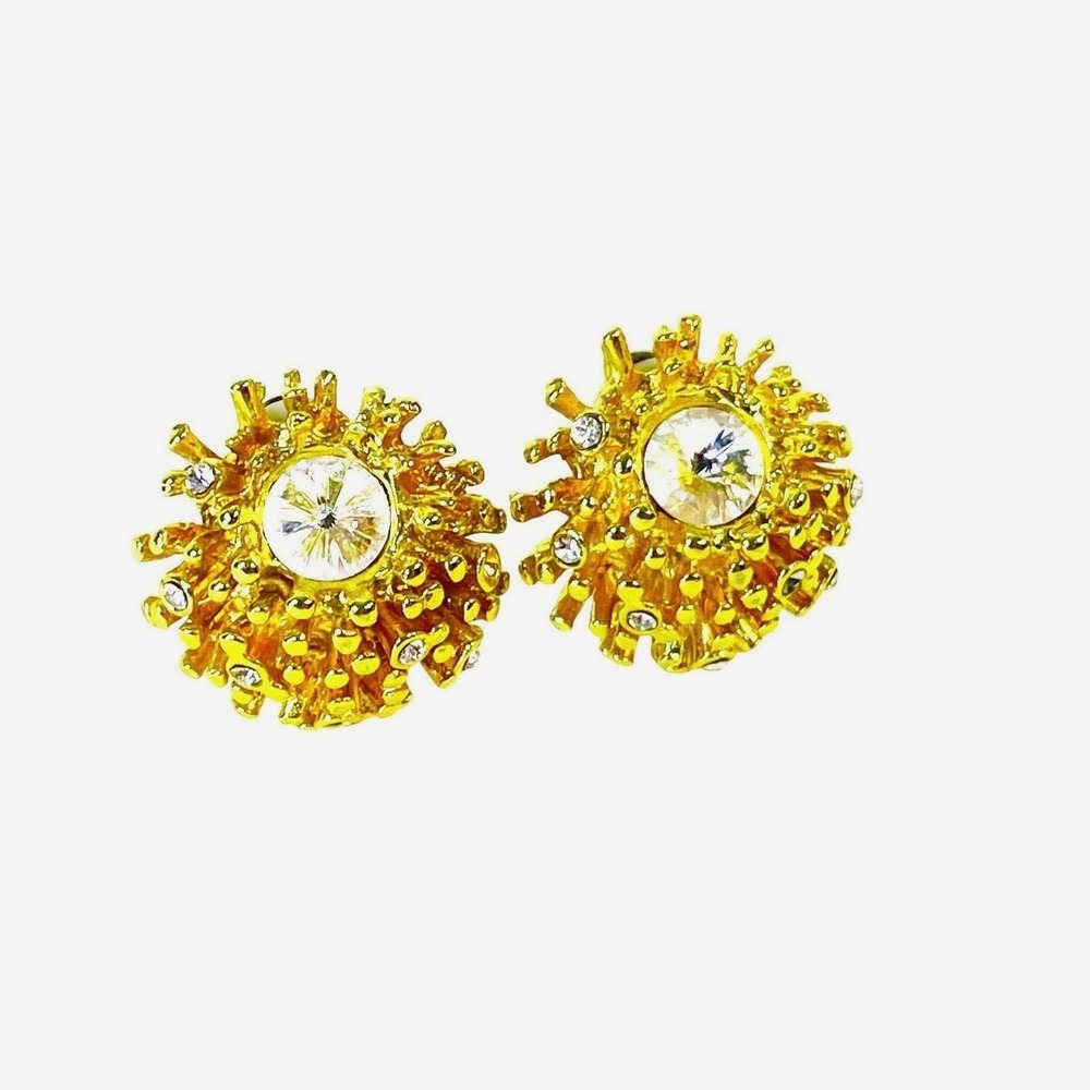 Vintage Brutalist Sunburst Clip On Earrings Sea Urchin Gold Tone Rhinestone